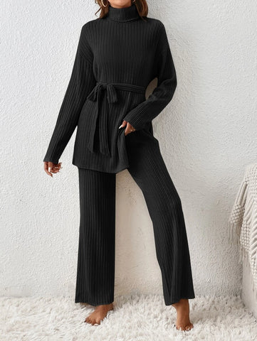 Turtleneck Drop Shoulder Belted Split Hem Tee & Pants