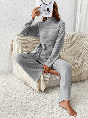 Turtleneck Drop Shoulder Belted Split Hem Tee & Pants