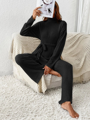 Turtleneck Drop Shoulder Belted Split Hem Tee & Pants