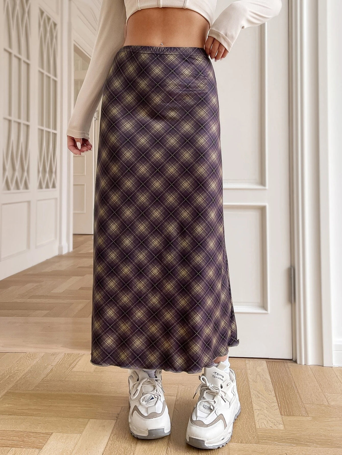 EZwear Plaid Print Elastic Waist Skirt