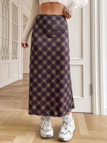 EZwear Plaid Print Elastic Waist Skirt