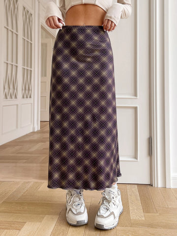 EZwear Plaid Print Elastic Waist Skirt