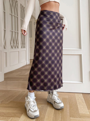 EZwear Plaid Print Elastic Waist Skirt