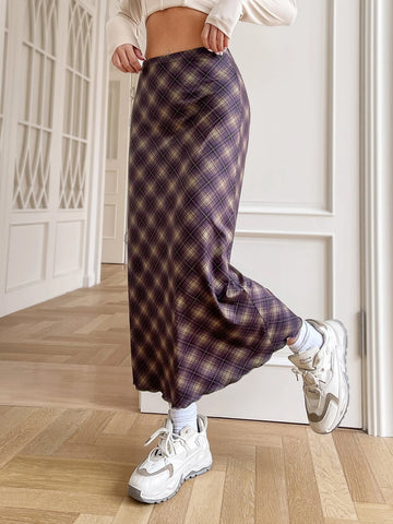EZwear Plaid Print Elastic Waist Skirt