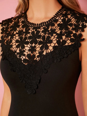 Guipure Lace Yoke Solid Bodysuit