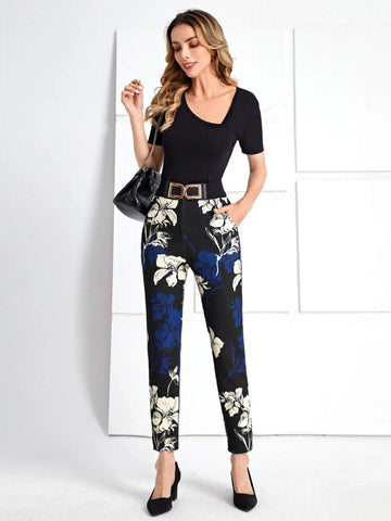 EMERY ROSE Floral Print Slant Pocket Pants