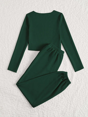 EZwear Letter Patched Detail Scoop Neck Crop Tee & Pants