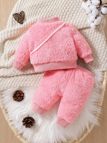 Baby Heart Embroidery Teddy Pullover & Pants & Bag