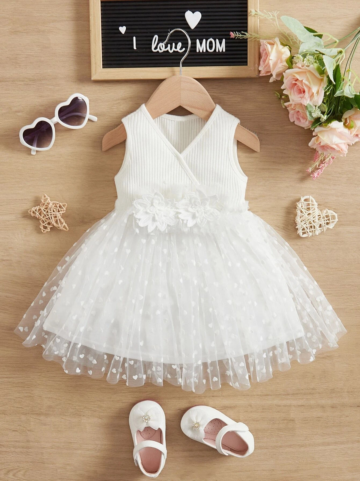 Baby Contrast Dobby Mesh Appliques Dress