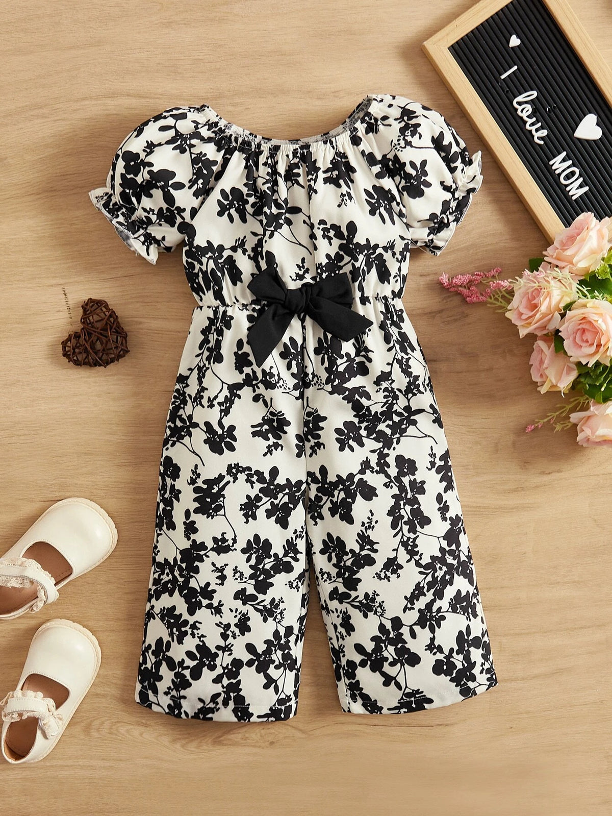 Baby Floral Print Puff Sleeve Bow Front Jumpsuit