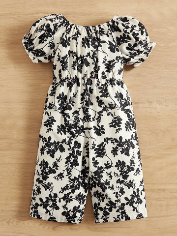 Baby Floral Print Puff Sleeve Bow Front Jumpsuit