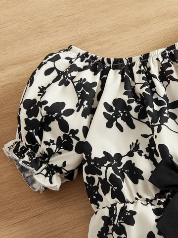 Baby Floral Print Puff Sleeve Bow Front Jumpsuit