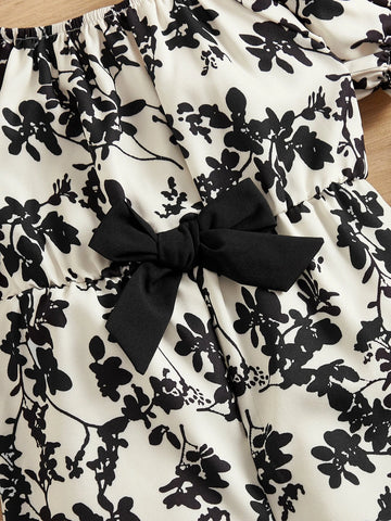 Baby Floral Print Puff Sleeve Bow Front Jumpsuit