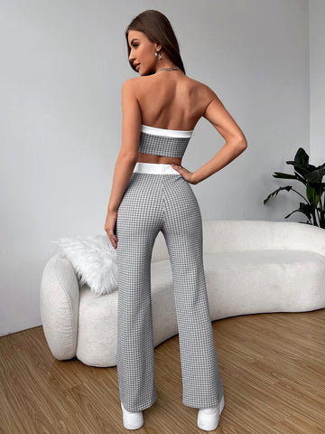 Plaid Print Contrast Trim Tube Top & Pants