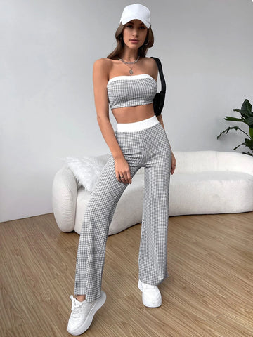 Plaid Print Contrast Trim Tube Top & Pants