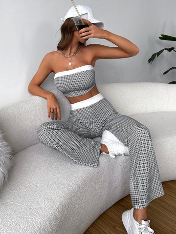 Plaid Print Contrast Trim Tube Top & Pants