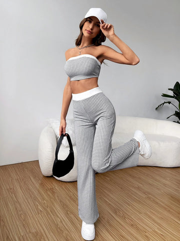 Plaid Print Contrast Trim Tube Top & Pants