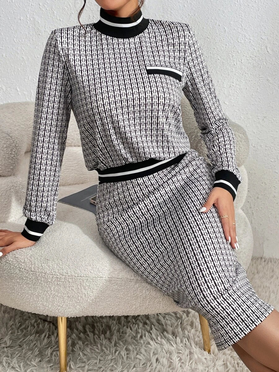 Plaid Print Contrast Striped Trim Mock Neck Tee & Skirt