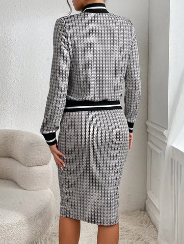 Plaid Print Contrast Striped Trim Mock Neck Tee & Skirt