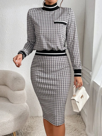 Plaid Print Contrast Striped Trim Mock Neck Tee & Skirt