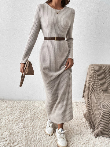 Unity Solid Ribbed Knit Dress Without Belt