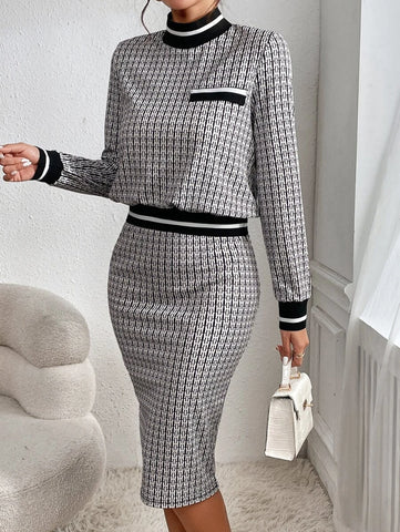 Plaid Print Contrast Striped Trim Mock Neck Tee & Skirt