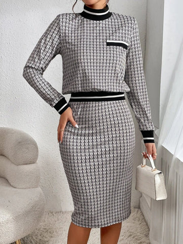 Plaid Print Contrast Striped Trim Mock Neck Tee & Skirt