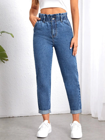 Paperbag Waist Roll Hem Mom Fit Jeans
