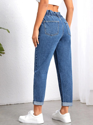 Paperbag Waist Roll Hem Mom Fit Jeans