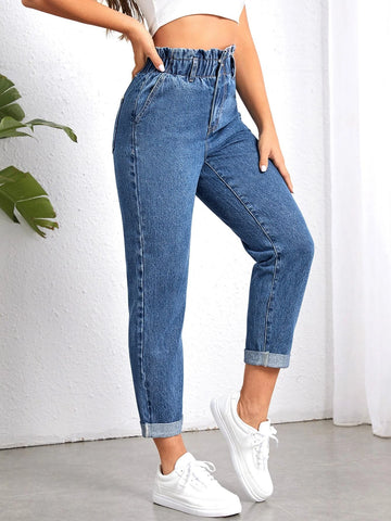 Paperbag Waist Roll Hem Mom Fit Jeans