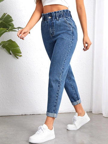 Paperbag Waist Roll Hem Mom Fit Jeans
