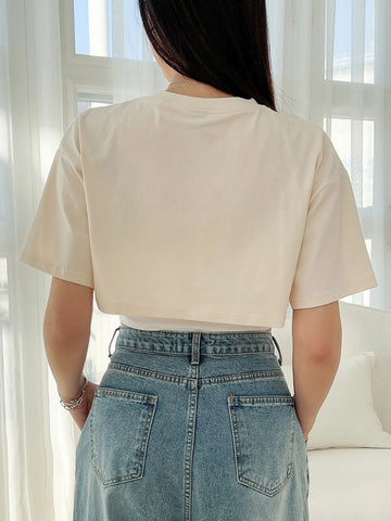 DAZY Solid Drop Shoulder Crop Tee Without Tank Top