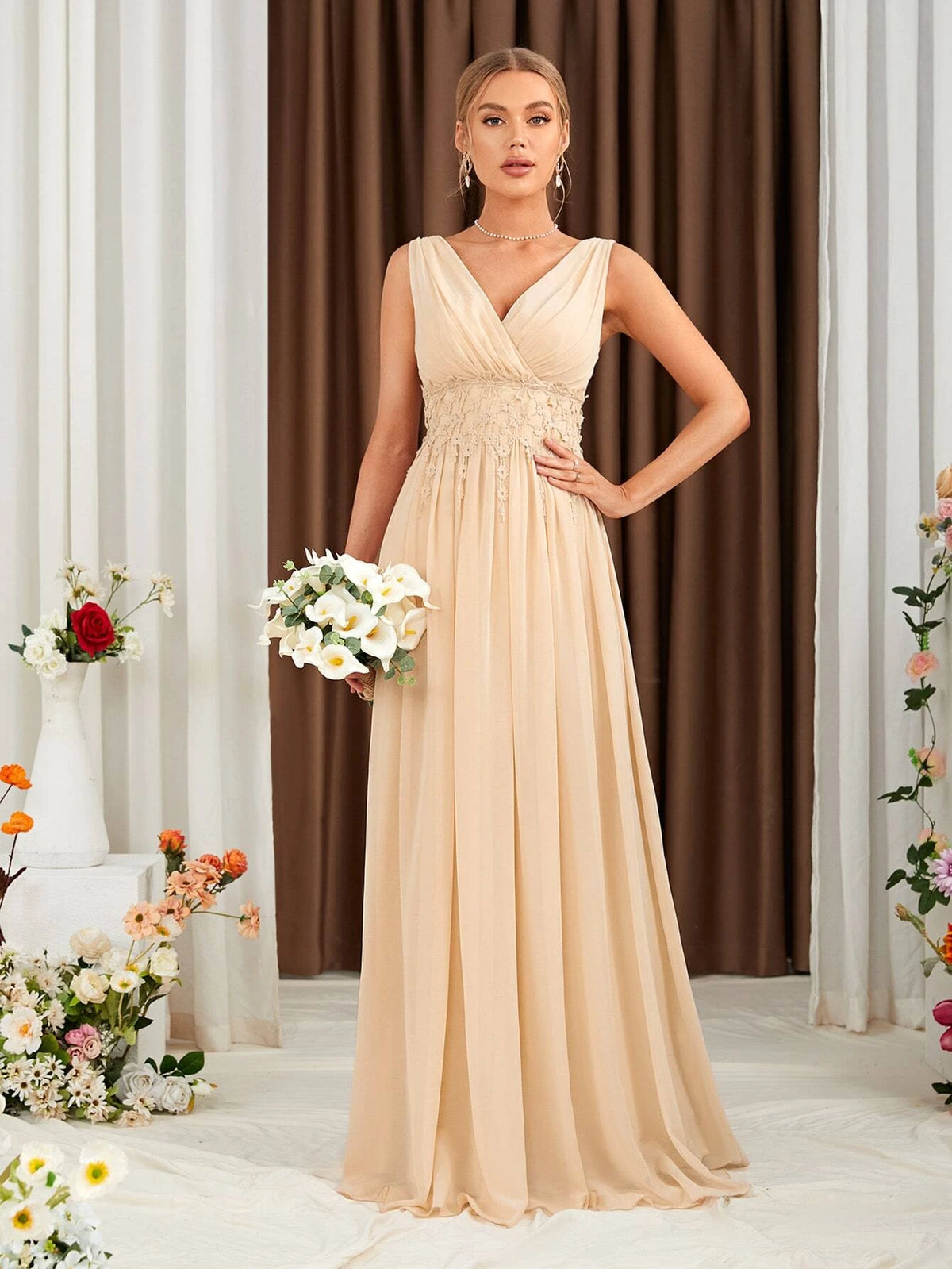 Ruched Bust Lace Up Backless Chiffon Bridesmaid Dress