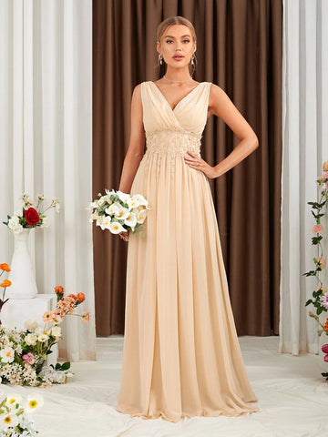 Ruched Bust Lace Up Backless Chiffon Bridesmaid Dress