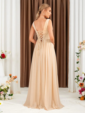 Ruched Bust Lace Up Backless Chiffon Bridesmaid Dress