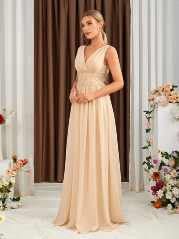 Ruched Bust Lace Up Backless Chiffon Bridesmaid Dress