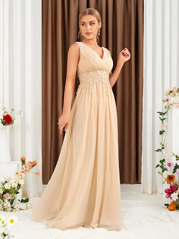 Ruched Bust Lace Up Backless Chiffon Bridesmaid Dress