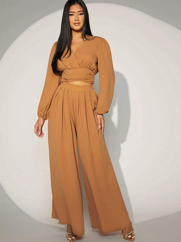 Lantern Sleeve Ruched Top & Wide Leg Pants