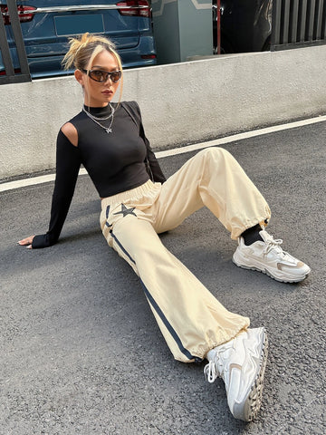 ICON Star Print Contrast Tape Side Pants