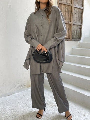 Drop Shoulder Pocket Patched Blouse & Pants