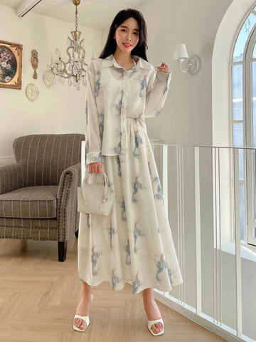DAZY Allover Print Button Front Shirt & A-line Dress