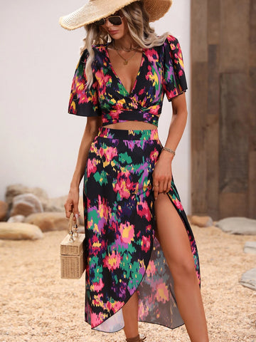 Allover Print Puff Sleeve Tie Back Top & Wrap Hem Skirt