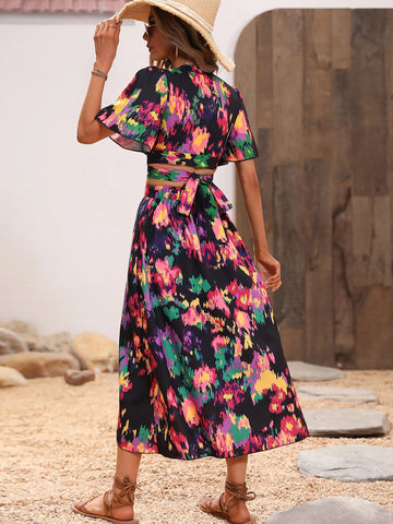 Allover Print Puff Sleeve Tie Back Top & Wrap Hem Skirt