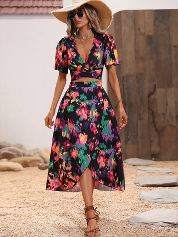 Allover Print Puff Sleeve Tie Back Top & Wrap Hem Skirt