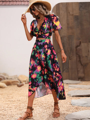 Allover Print Puff Sleeve Tie Back Top & Wrap Hem Skirt