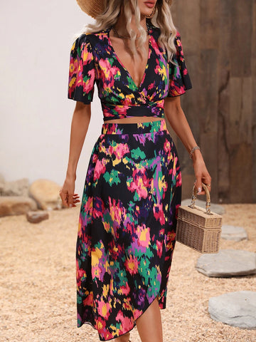 Allover Print Puff Sleeve Tie Back Top & Wrap Hem Skirt