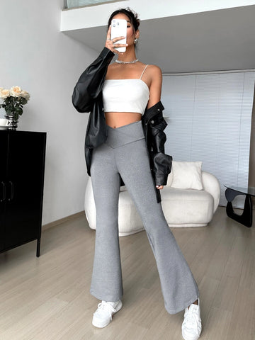 EZwear Overlap Waist Flare Leg Pants