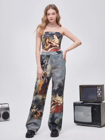 Figure & Plant Print Wide Leg Jeans