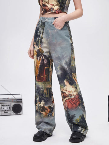 Figure & Plant Print Wide Leg Jeans