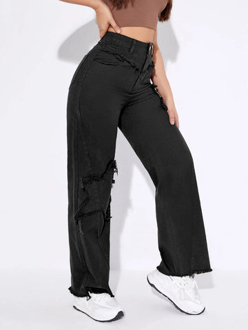 High Waist Raw Trim Wide Leg Jeans